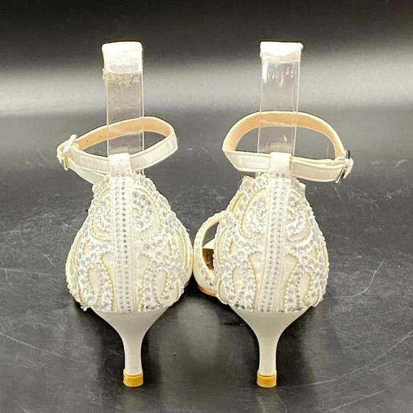 XYD white rhinestone peep toe kitten low heels slip on ankle strap sandals shoes - Picture 6 of 8